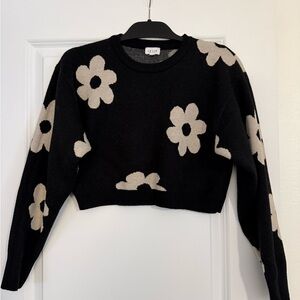 Le Lis Black and Cream Floral Crew Neck Sweater